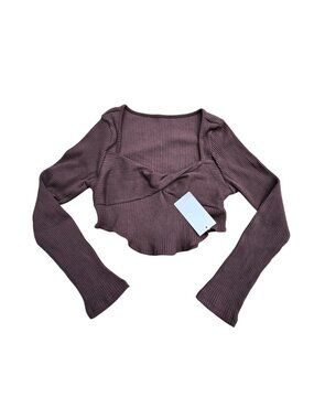 Brown Fall Long Sleeve V Neck Sexy Ribbed Knit Cropped Sweater Slim Fit - Large